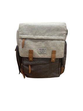 Eddie Bauer Two-Tone Gray and Cream Canvas Diaper Backpack with Brown Trim